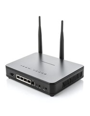 Black wireless router with two antennas, multiple ports, and a sleek design, shown on a white background