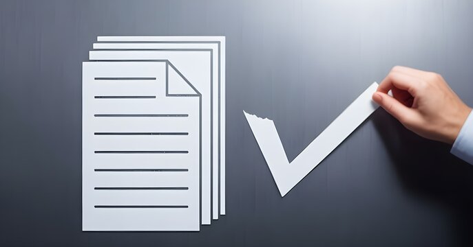A stack of paper sits next to a hand holding a check mark. This image represents the "checklist, document, approval, task completed" that an image creator would use as keywords to organize the file