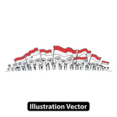 Patriotic celebration with a crowd waving red and white flags and raising their fists in unity