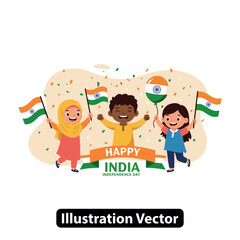 Joyful children from diverse cultures celebrating India's Independence Day with national flags