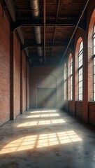 Fototapeta premium A poster showcasing an empty industrial loft with raw textures, exposed brick, steel beams, and diffused light casting long shadows — highlighting beauty in decay and minimalist space.