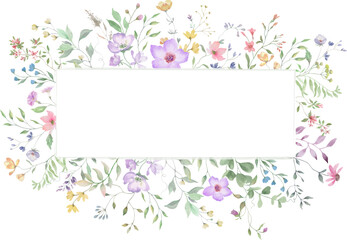  Watercolor frame with painted flowers, eucalypt leaves, wildflowers, herbs. Hand drawn floral illustration. vector EPS.