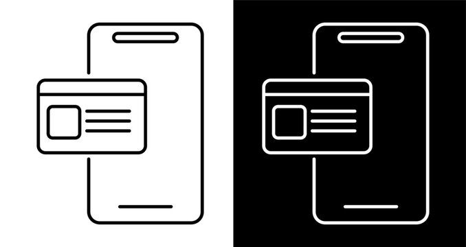 Digital identity card on a mobile phone display. Line art icon for electronic verification and personal data security.