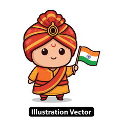 Cute Indian boy character in traditional turban dress holding the national flag of India