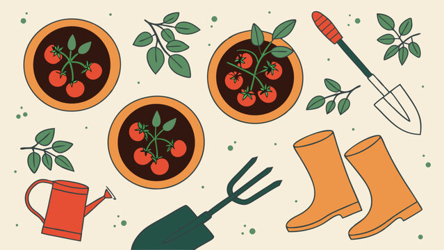 Colorful Garden Tools and Tomato Plants in Pots.