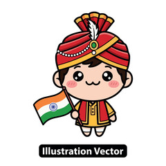 Cute cartoon Indian boy in traditional turban holding the flag of India, kawaii vector illustration