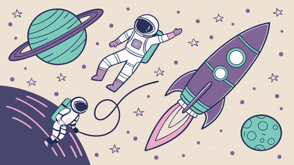 Cute Astronauts and Rocket Ship in Space.