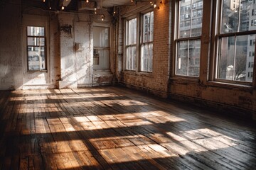 Obraz premium Sunlit, rustic loft space with exposed brick walls and hardwood floors