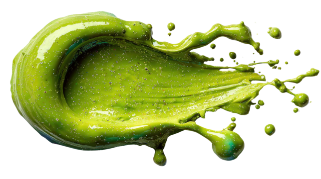 Lush Green Stroke: A vibrant close-up showcases a dynamic swirl of fresh green paint, captured with a splash effect, perfect for creative backgrounds and art-related concepts.