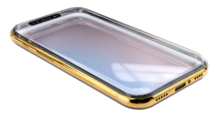 Elegant Smartphone with protective case: A close-up, high-angle shot of a sleek smartphone, encased in a transparent and gold-toned protective case.