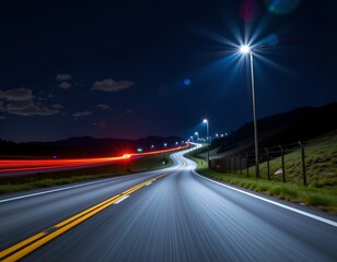 Curved Night Road with Light Streaks and Gradients