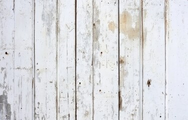 Weathered white vertical wood planks, showing age, discoloration, and texture variations; some nail holes visible