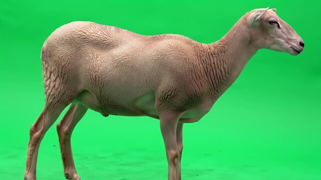 Full Body Profile of a Light Brown Ewe or Domestic Sheep Standing Gracefully Against a Vibrant Green Screen Background, Ideal for Chroma Key Compos...