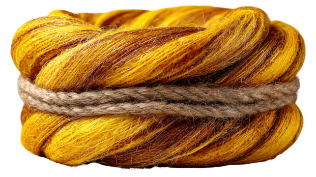 Golden Yarn Bundle: A tightly wound bundle of rich, golden-hued yarn, bound with a contrasting, earthy twine, embodies the essence of craftsmanship and textile artistry.