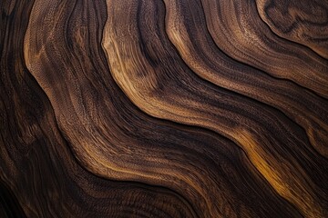 Rich, dark brown wood grain with undulating, flowing patterns and varying shades, creating a luxurious, textured surface