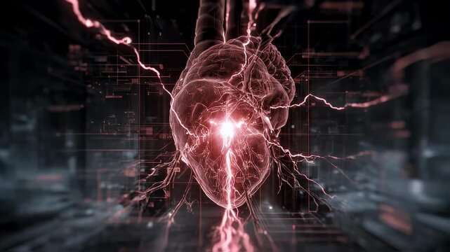 Futuristic schematic of human metabolism featuring episodic neurovisceral lightning and erratic heme pathway glitches illustrated by red warning flashes.