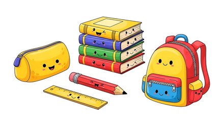 A cartoon depiction of school supplies including a backpack books and stationery with happy faces