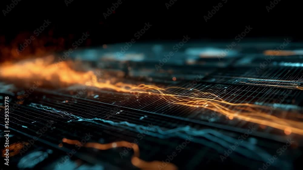 Wall mural flowing and glowing orange data streams illuminate a dark, futuristic circuit board, embodying the e