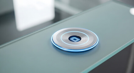 Ai generated image of a futuristic circular electronic device with blue led lights and a fingerprint sensor