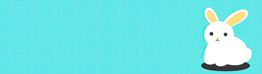 Obraz premium A simple cartoon white bunny with pale yellow ears sits on a small black circle against a bright teal background