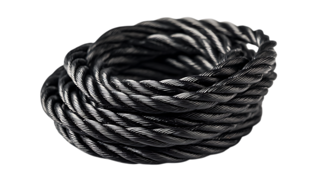 Black electrical cord loosely coiled and twisted on white surface White background.