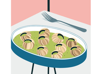 Delicious escargots in garlic butter served in a blue oval dish with a fork snails