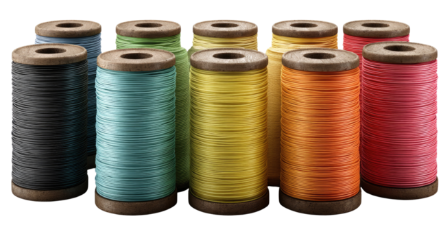 Threads of Vibrance: A vibrant ensemble of thread spools in a full frame view, each boasting a unique color. showcasing the diversity and endless possibilities of color and textile