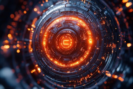 Futuristic digital tunnel with glowing orange accents and intricate circuitry - Powered by Adobe