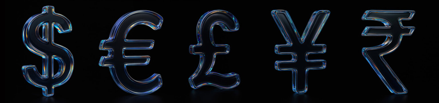Glass or crystal currency symbols including USD, Pound, Euro, Yen, and INR lined up on a black background.