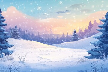 Pastel sunset over snow-covered hills, softly falling snow, evergreen trees framing a snow-dusted path