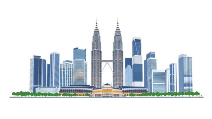 Naklejka premium Modern city skyline with tall skyscrapers and greenery