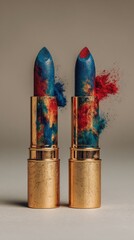 Two gold lipsticks explode in red and blue powder