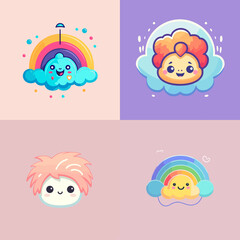 Cute cartoon clouds with rainbow hair, sunshine, and happy faces in pastel backgrounds&mdash;great for kids' content, kawaii design, or cheerful weather-themed graphics.

