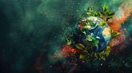An impactful visual concept for Earth Day, showcasing the planet earth made of with green leaves and colorful powder splattered around it.