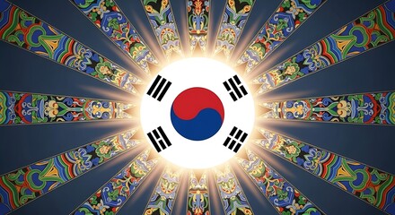South Korean flag with radiant light beams against a traditional Dancheong pattern background, symbolizing national pride and cultural heritage.