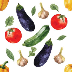Healthy seamless pattern with hand-painted watercolor tomatoes, eggplant, zucchini, garlic, and yellow bell pepper on a transparent background.