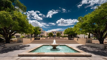 Beautiful Senary campus with a water fountain and blue sky