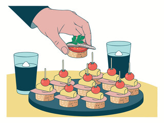 Hand Placing Anchovy and Parsley on Appetizer with Drinks on Table food snack