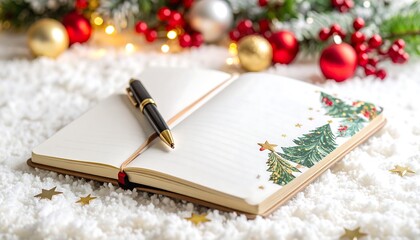 Open notebook with Christmas decorations