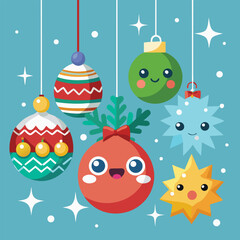 Cute hanging decorations, christmas template for card and banner. Vector illustration in flat cartoon style