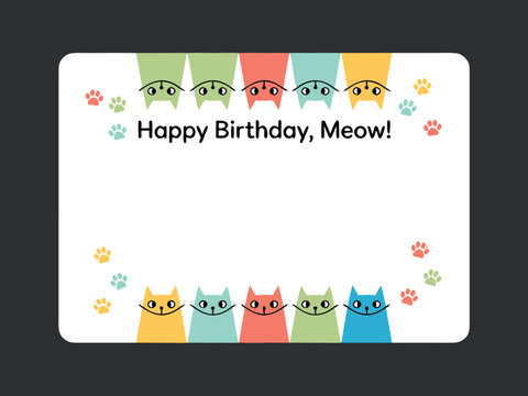 Happy Birthday Meow card with colorful cats and paw prints greeting kittens