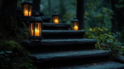 Lanterns illuminating wooden steps in a dark forest, magical atmosphere