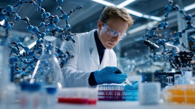 Focused biochemist in a white lab coat conducting protein analysis surrounded by scientific instruments and molecular models.