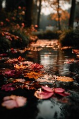 Autumn leaves float on a calm stream in a forest setting, sunlight reflecting on the water