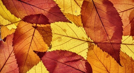 Fototapeta premium Autumnal Leaf Symphony: Vibrant Colors and Vein Details, Nature's Artistry.
