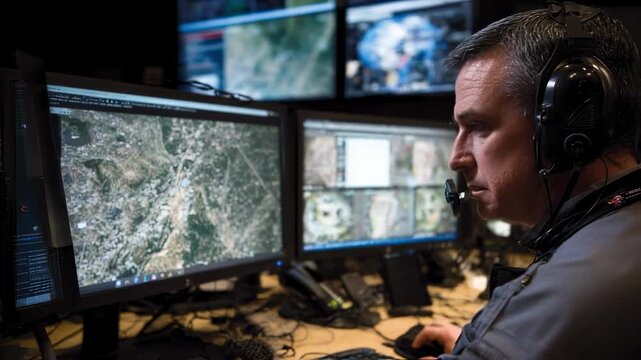 In a secure operations center intelligence analyst crossreferences satellite imagery with field reports compiling actionable intelligence for critical briefings.