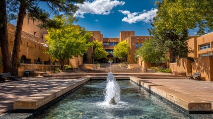 Beautiful Senary campus with a water fountain and blue sky