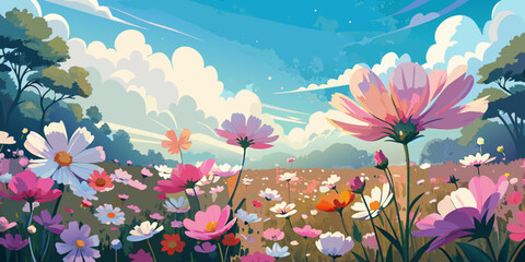 Colorful spring and summer flowers with butterflies in a natural garden meadow under the sky