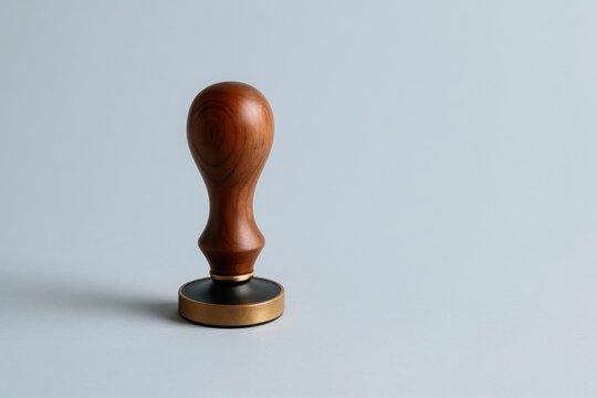 Wooden stamp with polished handle on soft blue background with gentle shadow and space for text, minimal legal and certification concept for business documents and approval visuals