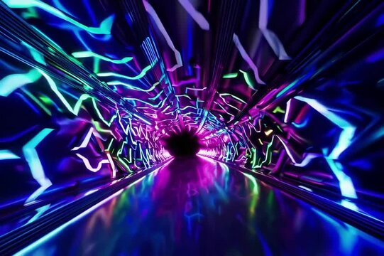 Futuristic abstract tunnel with neon lights pulsing to electronic beats